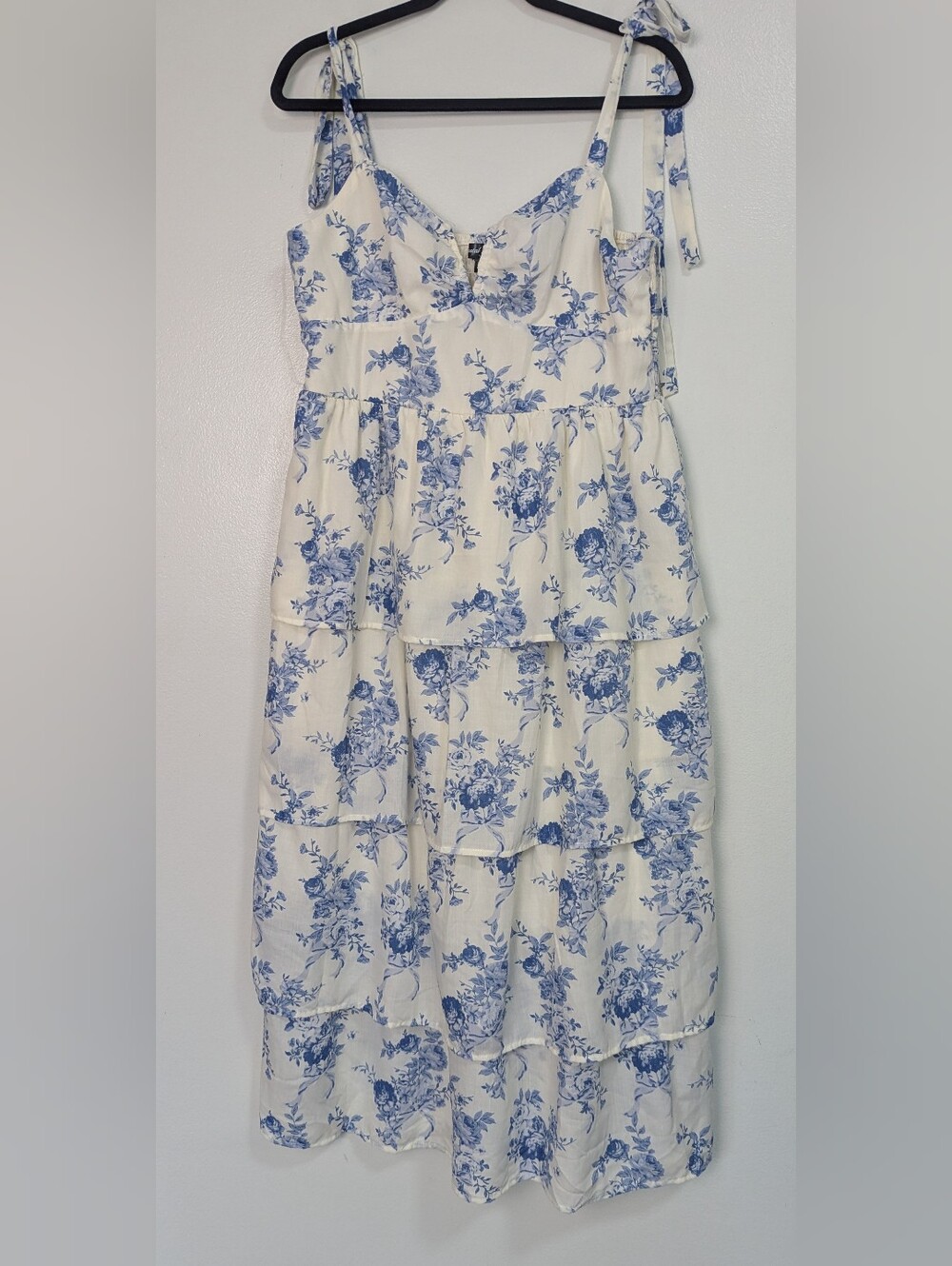 Crystal Doll Blue White Floral Toile Tie Strap Tiered Dress Size XL